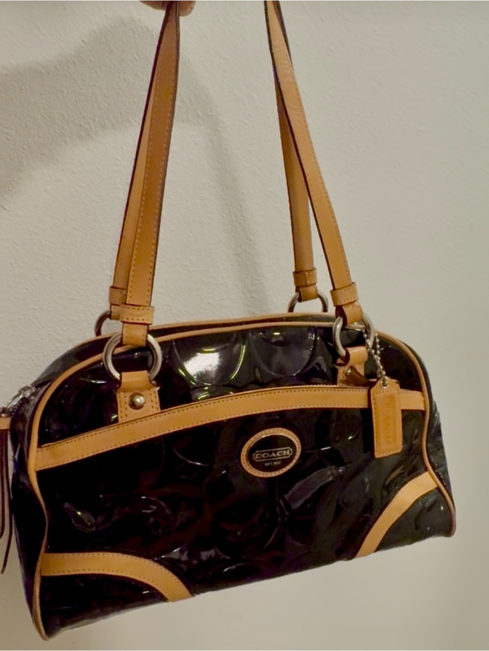 Coach Black Patent Shoulder Bag with Tan Trim